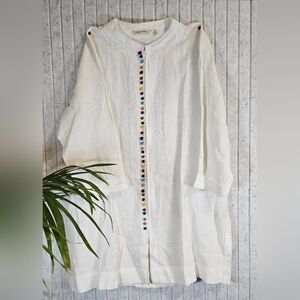 Soft Surroundings XL White Linen Embroidered Tunic w/ Rainbow Knotted Buttons